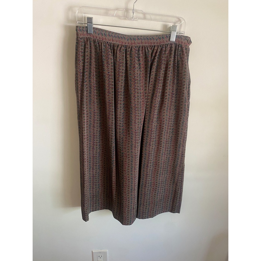Paula Saker Vintage‎ Geometric Triangle Print Midi Skirt Pockets Brown Multi 14